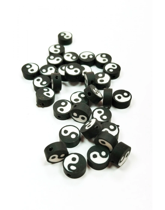 90 Adet 10 mm Polimer Kil Fimo Boncuk Takı Bileklik + 5 Metre Lastikli Misina Hediye - Yin Yang