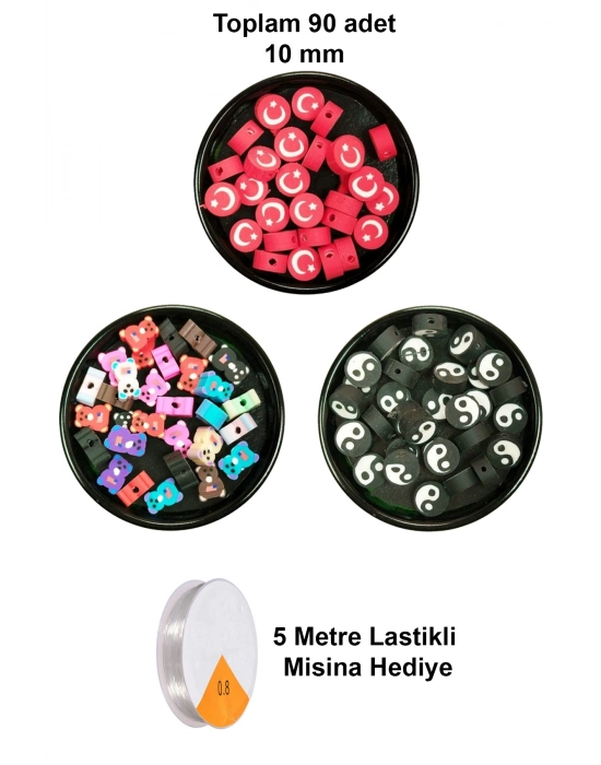 90 Adet 10 mm Polimer Kil Fimo Boncuk Takı Bileklik + 5 Metre Misina Hediye - Ayıcık - Bayrak - Yin Yang