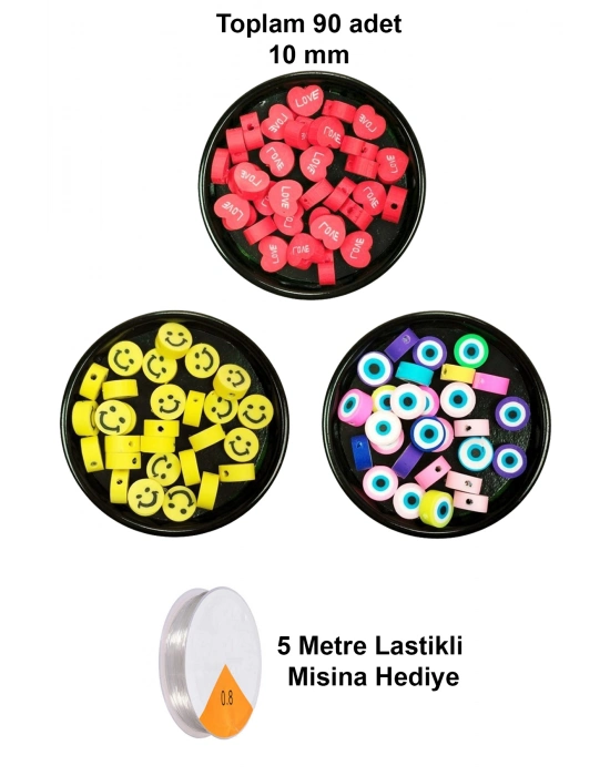 90 Adet 10 mm Polimer Kil Fimo Boncuk Takı Bileklik + 5 Metre Misina Hediye - Smile - Nazar - Love