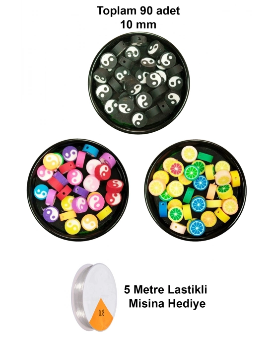 90 Adet 10 mm Polimer Kil Fimo Boncuk Takı Bileklik + 5 Metre Misina Hediye - Yin Yang - Yin Yang - Limon