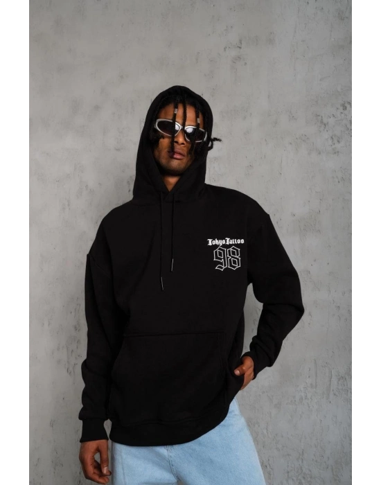 98 Baskılı Kapşonlu Sweat - Siyah -