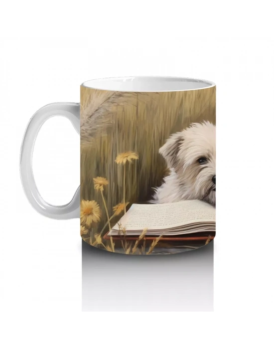 Açık Kitap Üzerinde Oturan Gözlüklü Yavru Köpek – Baskılı Kahve Kupası