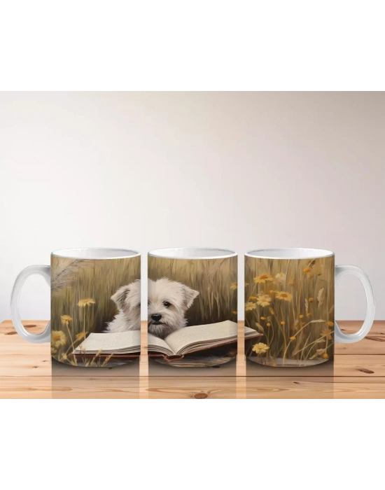 Açık Kitap Üzerinde Oturan Gözlüklü Yavru Köpek – Baskılı Kahve Kupası