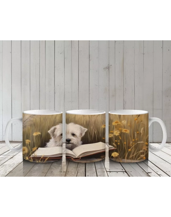 Açık Kitap Üzerinde Oturan Gözlüklü Yavru Köpek – Baskılı Kahve Kupası