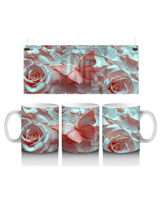 Açık Mavi Gül Yaprakları Üzerinde Narin Kelebek - Baskılı kahve kupası
