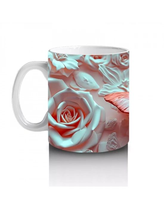 Açık Mavi Gül Yaprakları Üzerinde Narin Kelebek - Baskılı kahve kupası