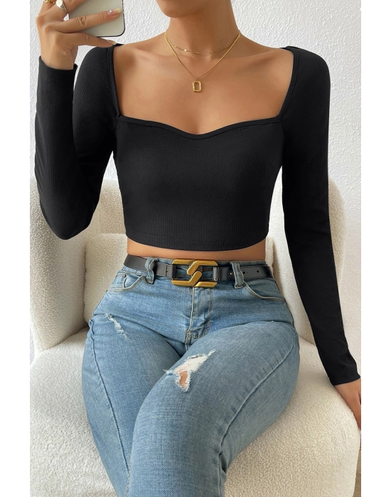 Kadın Siyah Uzun Kol Göğüs Dekolteli Şık Crop Top Bluz