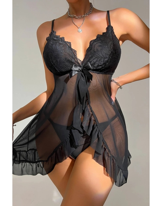 Kadın Siyah Dantelli, Fırfırlı Tül ve Fiyonk Detaylı Tangalı Gecelik Takımı