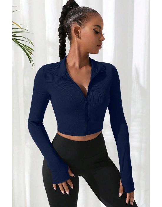 Kadın Lacivert Uzun Kol Fermuarlı Parmak Geçme Detaylı Dik Yaka Crop Top Bluz