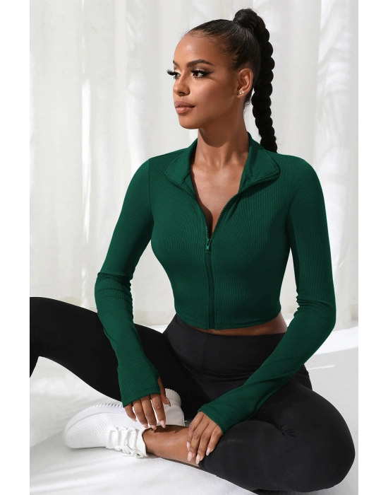 Kadın Yeşil Uzun Kol Fermuarlı Parmak Geçme Detaylı Dik Yaka Crop Top Bluz