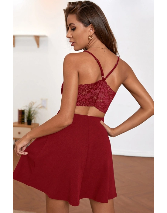 Kadın Bordo İp Askılı, Sırtı ve Göğsü Dantel Detaylı Şık Gecelik