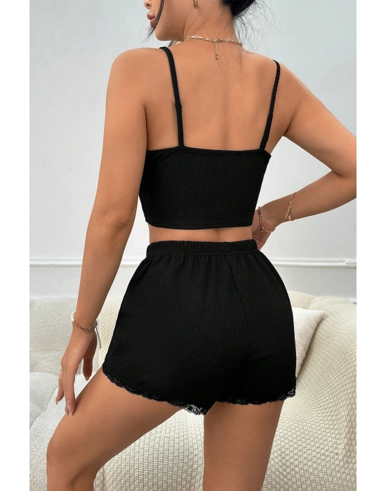 Kadın Siyah Alt ve Üst Dantel Detaylı Fiyonklu Şortlu Gecelik Takımı