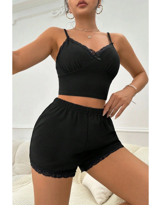 Kadın Siyah Alt ve Üst Dantel Detaylı Fiyonklu Şortlu Gecelik Takımı