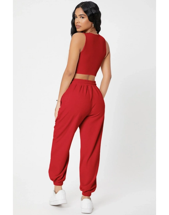 Kadın Kırmızı Kaşkorse Cepli Jogger Eşofman Altı ve Crop Top Bluz