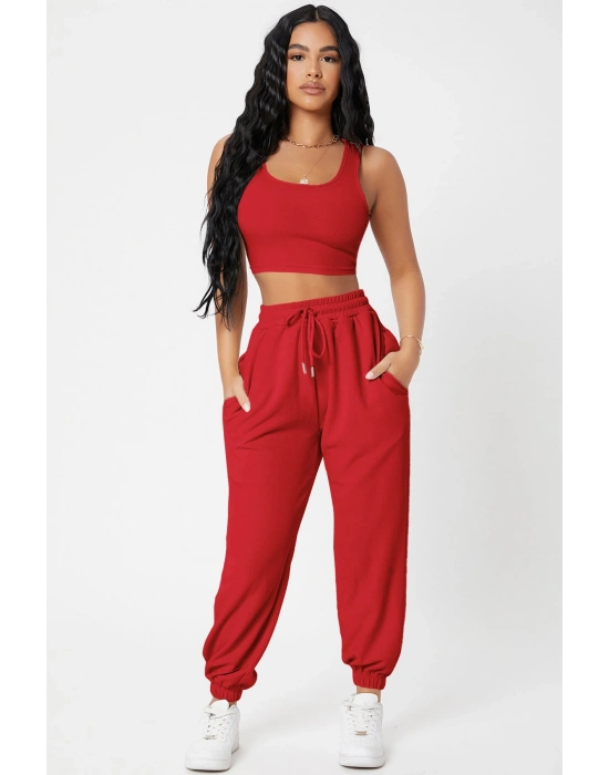 Kadın Kırmızı Kaşkorse Cepli Jogger Eşofman Altı ve Crop Top Bluz