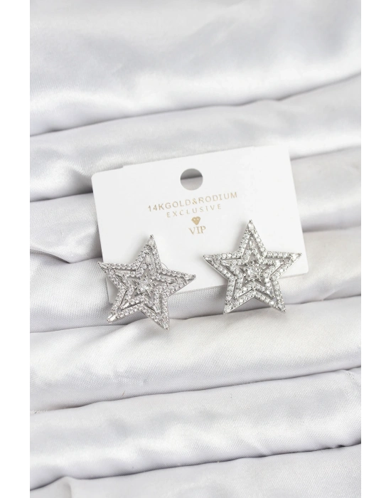 Gümüş Renk Pirinç Zirkon Taşlı Yıldız Model Kadın Küpe