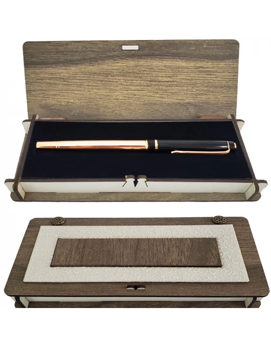 Ahşap Deri Kutulu Bakır Rengi Roller Kalem