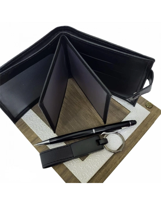 Ahşap Deri Kutulu Siyah Renk 3lü Hediye Seti - Kalem, Cüzdan, Anahtar