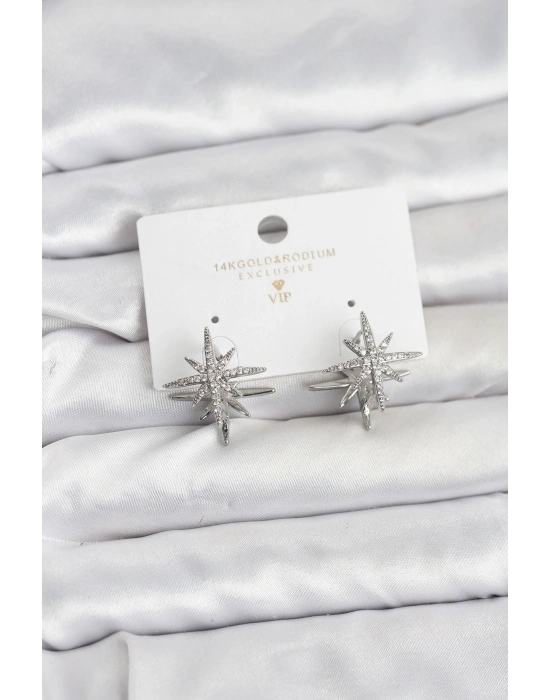 Gümüş Renk Pirinç Çift Taraflı Kutup Yıldızı Kadın Küpe