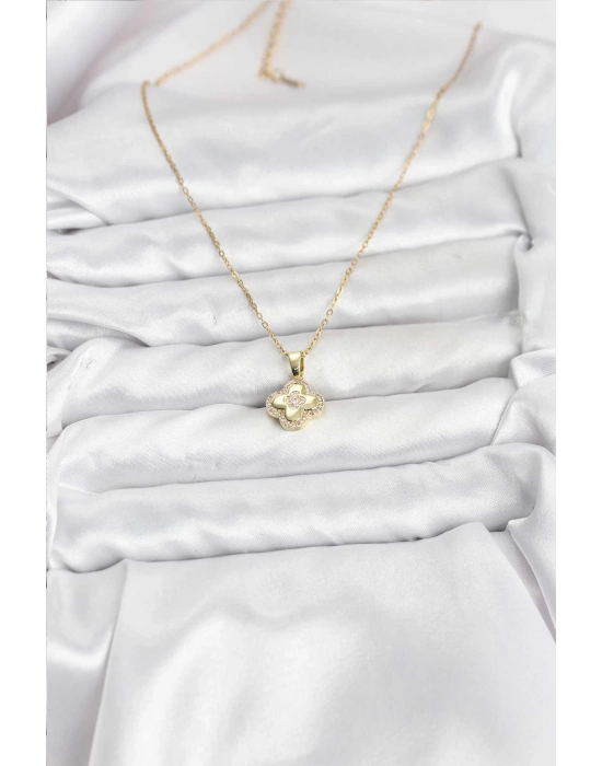 316L Çelik Zincir Gold Renk Zirkon Taşlı Yonca Model Kadın Kolye