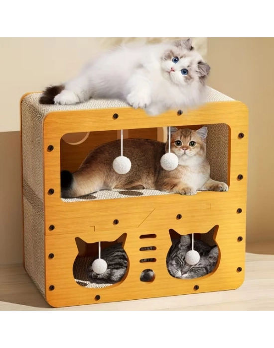 Ahşap İki Katlı Tırmalamalı Kedi Oyun Evi