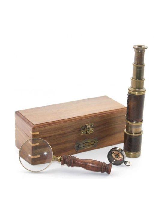 Ahşap Kutu Pirinç Pusula, Dürbün, Büyüteç, Seti Model 2