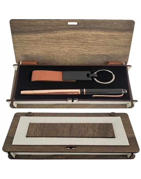 Ahşap Kutulu Bakır Kalem Anahtarlık Set