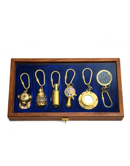 Ahşap Kutulu Denizci Temalı Pirinç Anahtarlık Seti