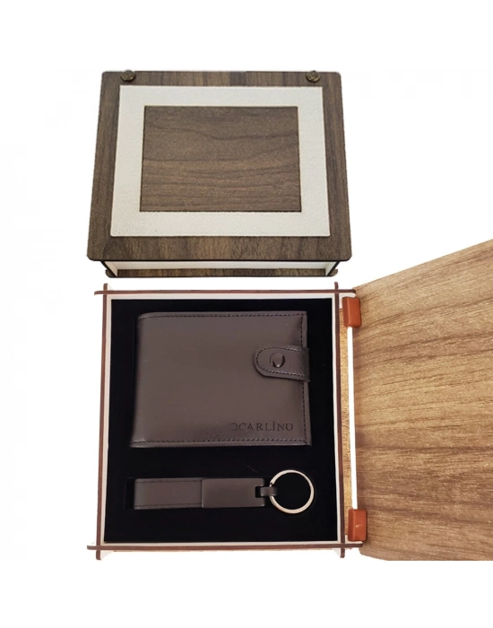 Ahşap Kutulu Deri Cüzdan Ve Anahtarlık Seti