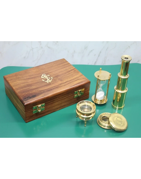 Ahşap Kutulu Dürbün, Kum Saati, Büyüteç, Pusula Seti