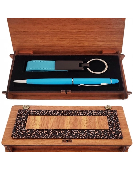 Ahşap Kutulu Kalem Ve Anahtarlık Mavi Set