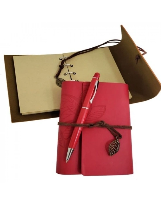 Ahşap Kutulu Kırmızı Deri Defter ve Metal Kalem Set
