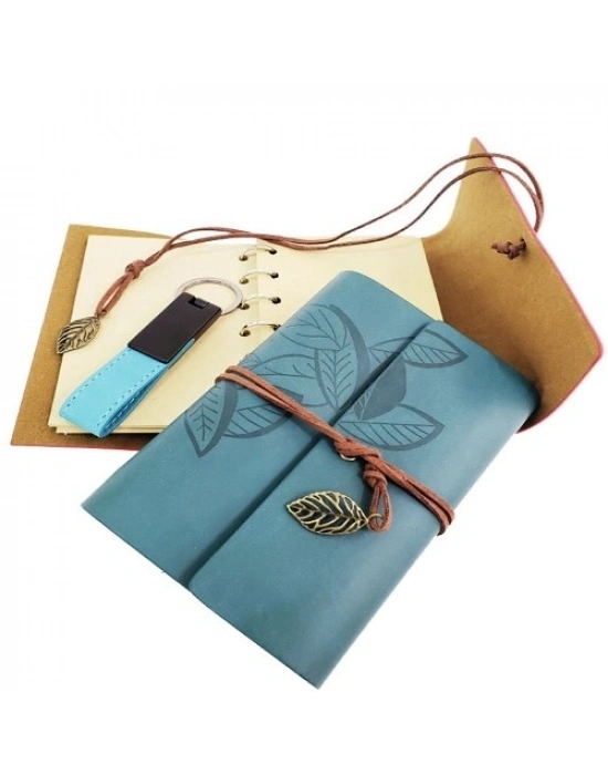 Ahşap Kutulu Mavi Deri Defter ve Anahtarlık Set