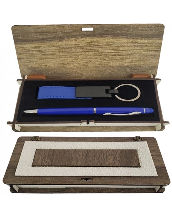 Ahşap Kutulu Mavi Kalem Anahtarlık Set