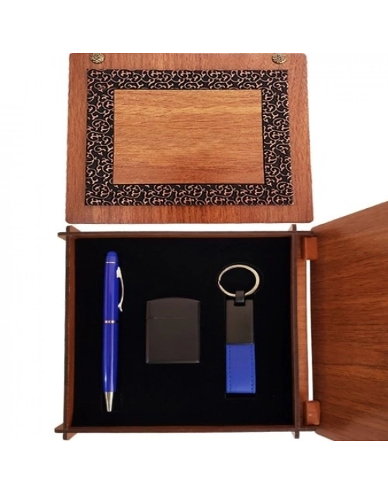 Ahşap Kutulu Mavi Kalem Anahtarlık ve Çakmak Set