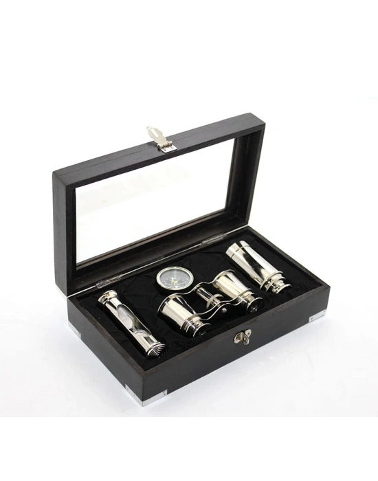 Ahşap Kutulu Pirinç Dürbün Pusula Ve Kum Saati Seti