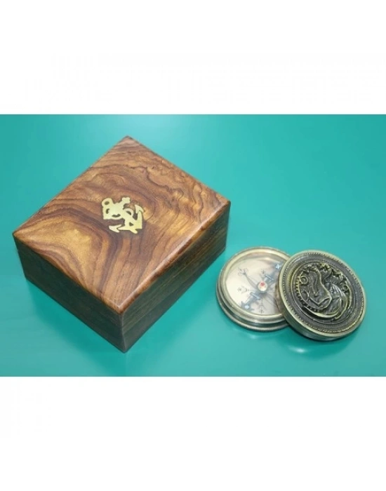 Ahşap Kutulu Pirinç Pusula Ejderha Desenli