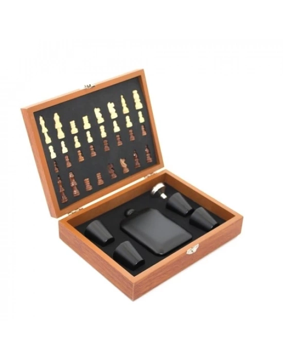 Ahşap Kutulu Satrançlı Matara Seti 6 oz