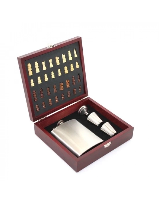 Ahşap Kutulu Satrançlı Matara Seti 8 oz