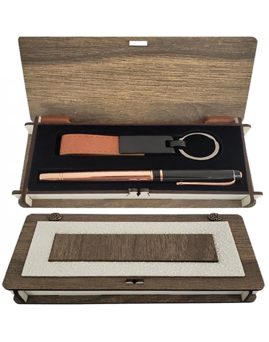 Ahşap Kutulu Set Bakır Roller Kalem Ve Anahtarlık