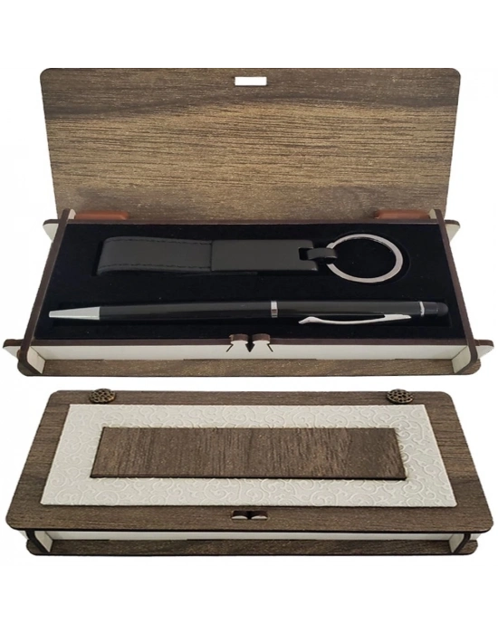 Ahşap Kutulu Siyah Kalem Ve Anahtarlık Set