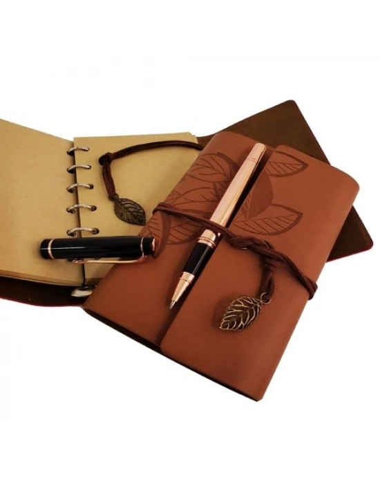 Ahşap Kutulu Taba Renk Deri Defter ve Kalem Set
