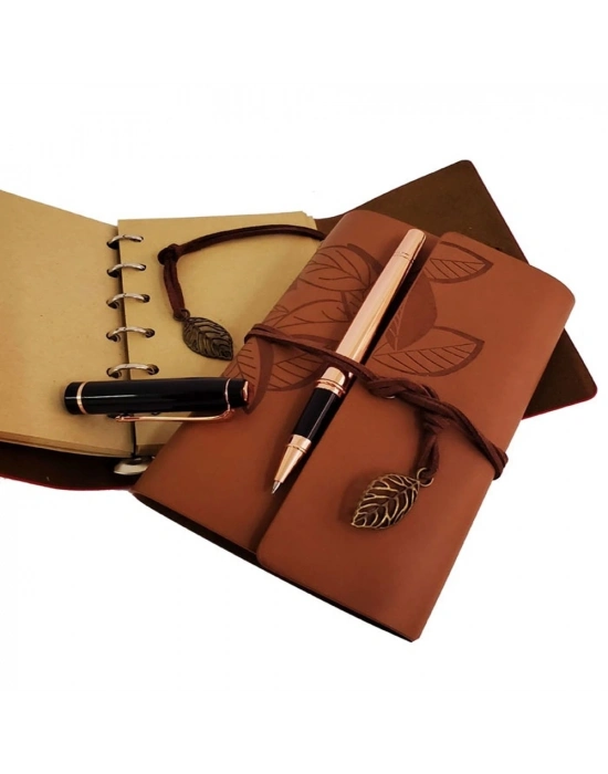 Ahşap Kutulu Taba Renk Deri Defter Ve Kalem Set