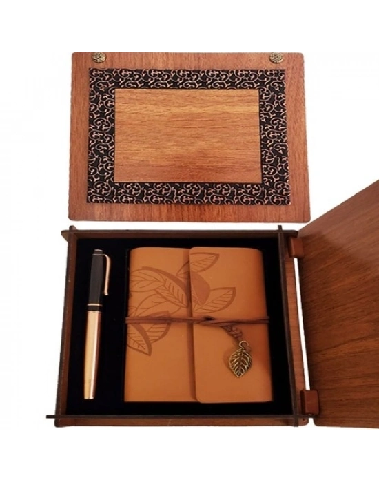 Ahşap Kutulu Taba Renk Deri Defter ve Kalem Set
