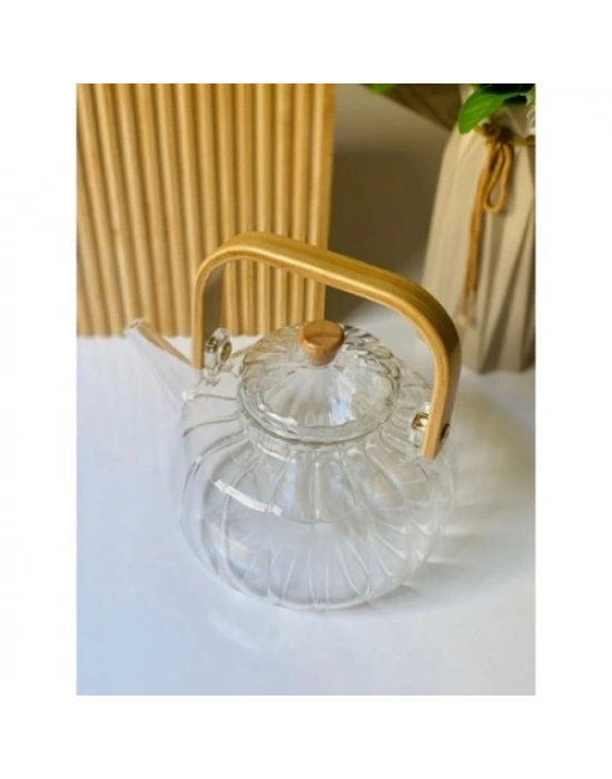 Ahşap Saplı Cam Çizgili Demlik