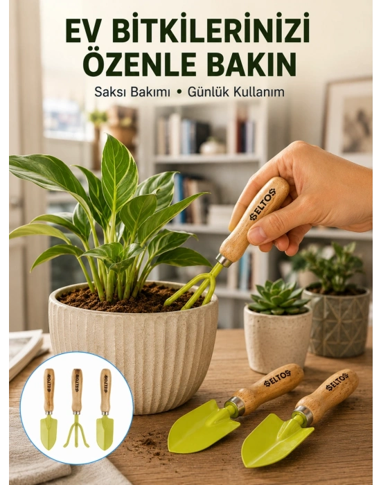 Ahşap Saplı Mini Bahçe El Aleti Seti Saksı ve Çiçek Bakım Seti