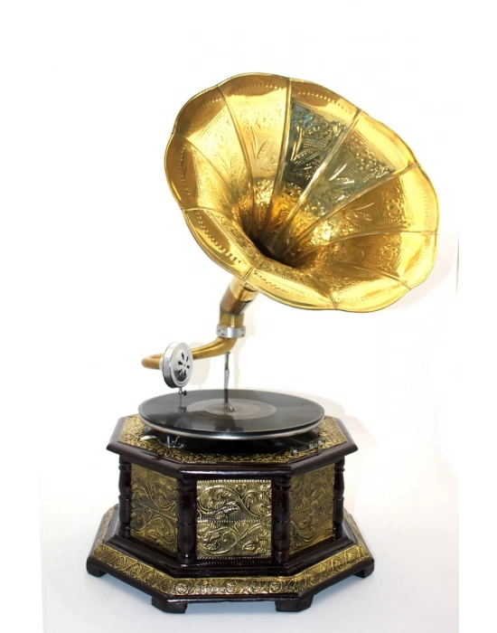 Ahşap Sekizgen Gramofon Taş  Plak Çalar Metal Kaplamalı