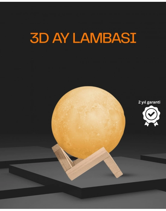 ® Ahşap Standlı 3D Baskı Ay Lambası 16 Renkli ve Şarjlı