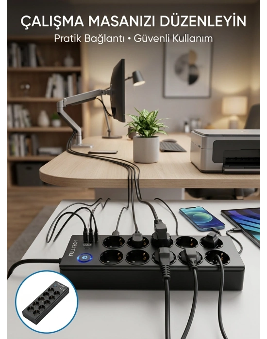 Akım Korumalı 10lu Çoklu Priz USB-A ve Type-C Şarj Çıkışlı