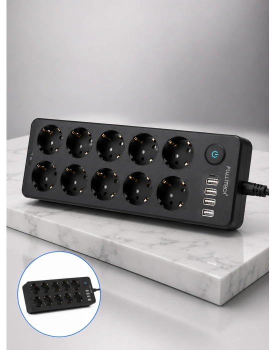 Akım Korumalı 10lu Çoklu Priz USB-A ve Type-C Şarj Çıkışlı